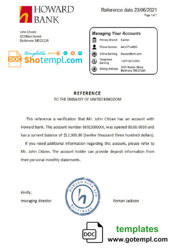 editable template, USA Howard Bank bank account reference letter template in Word and PDF format
