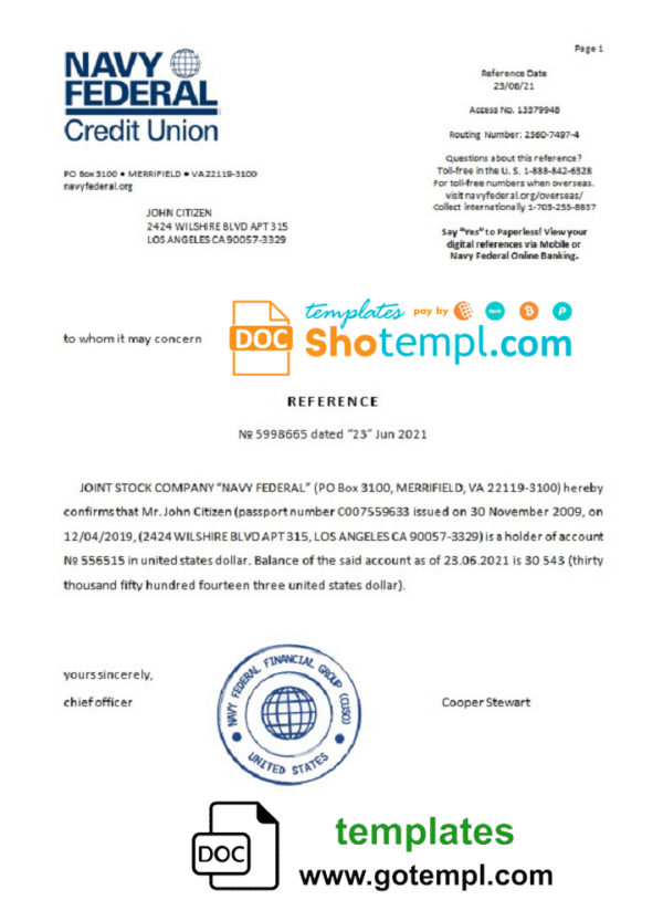editable template, USA Navy Federal bank account reference letter template in Word and PDF format