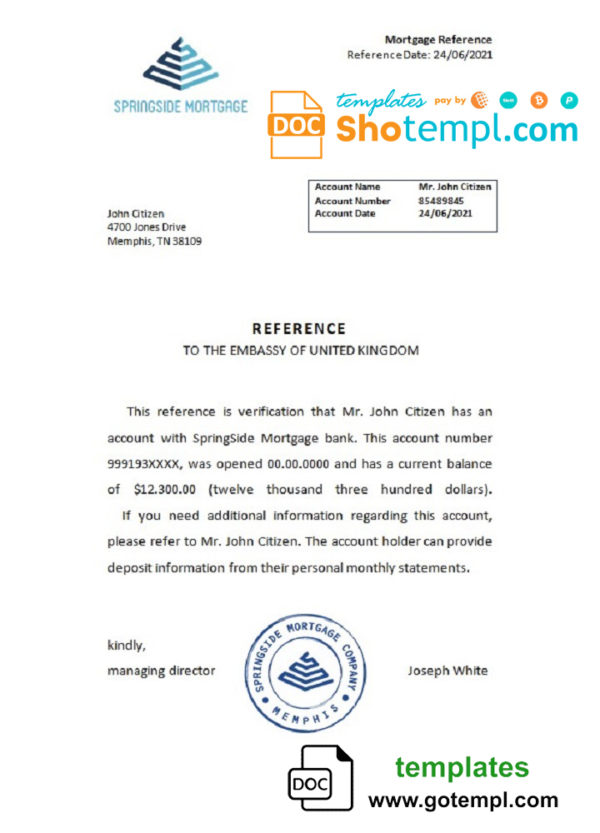 editable template, USA Springside Mortgage bank account reference letter template in Word and PDF format