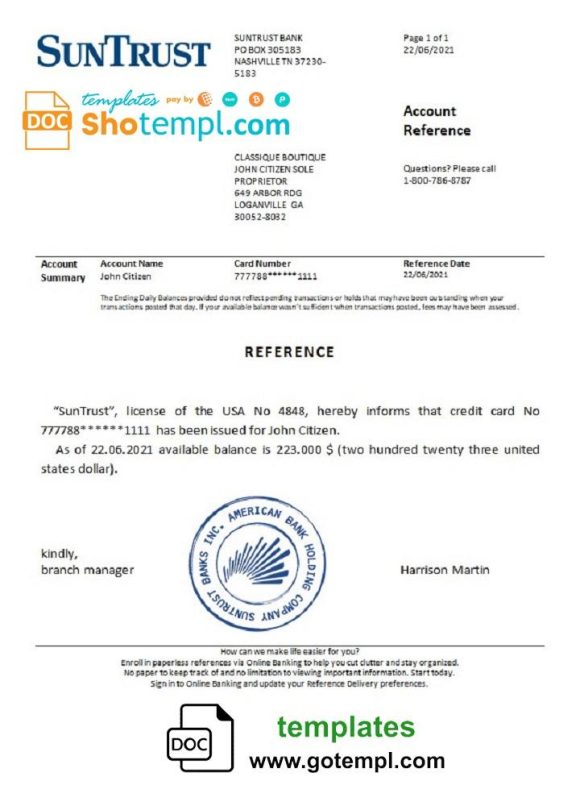 editable template, USA SunTrust bank account reference letter template in Word and PDF format