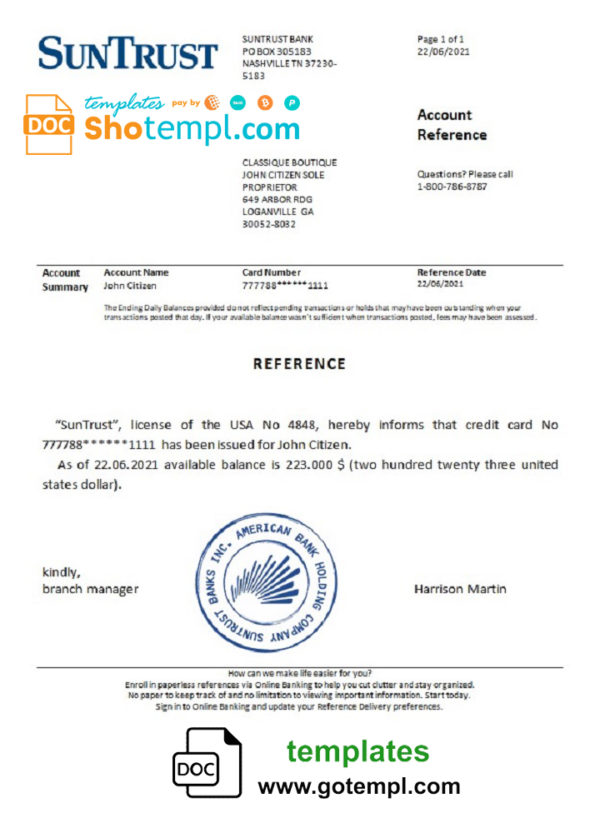 editable template, USA SunTrust bank account reference letter template in Word and PDF format