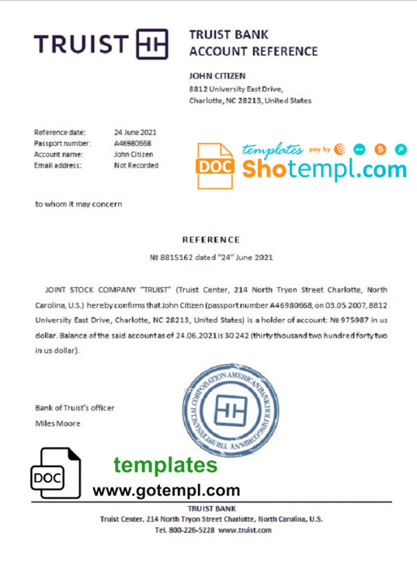 editable template, USA Truist Bank bank account balance reference letter template in Word and PDF format