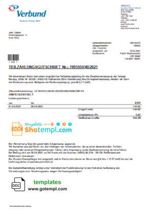 Austria Verbund Austrian Power Grid utility bill template in Word and PDF format