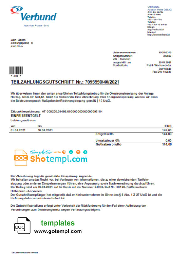editable template, Austria Verbund Austrian Power Grid utility bill template in Word and PDF format