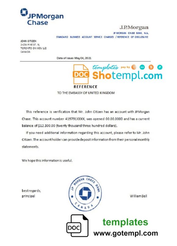 editable template, Canada JPMorgan Chase bank account reference letter template in Word and PDF format
