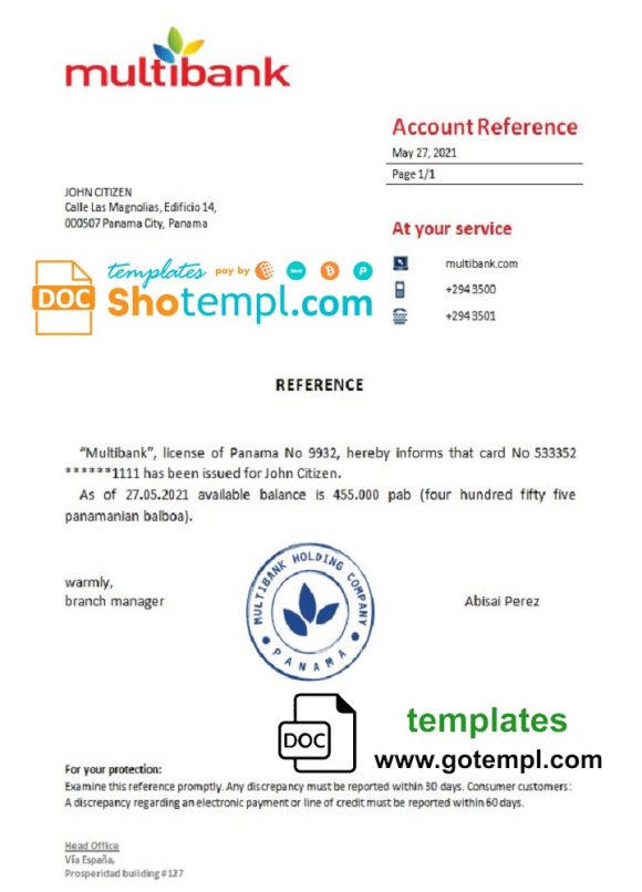 editable template, Panama Multibank bank account reference letter template in Word and PDF format