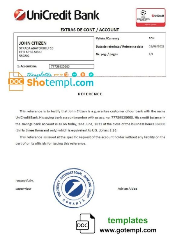 editable template, Romania UniCredit Bank bank account reference letter template in Word and PDF format