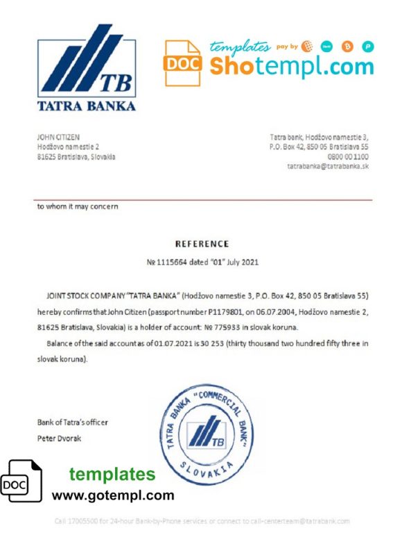 editable template, Slovakia Tatra Banka bank reference letter template in Word and PDF format