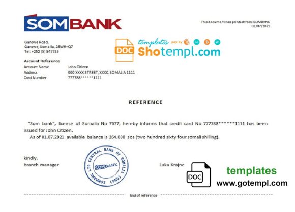 editable template, Somalia Sombank bank reference letter template in Word and PDF format