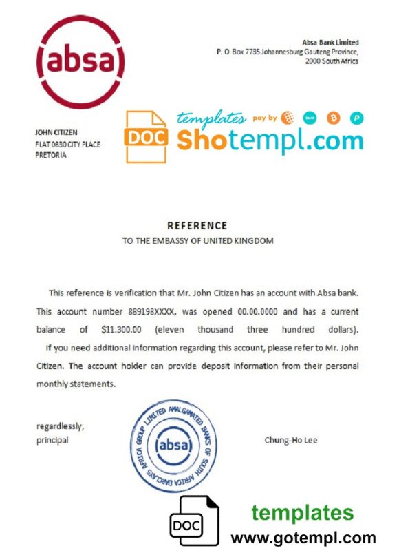 editable template, South Africa ABSA bank reference letter template in Word and PDF format