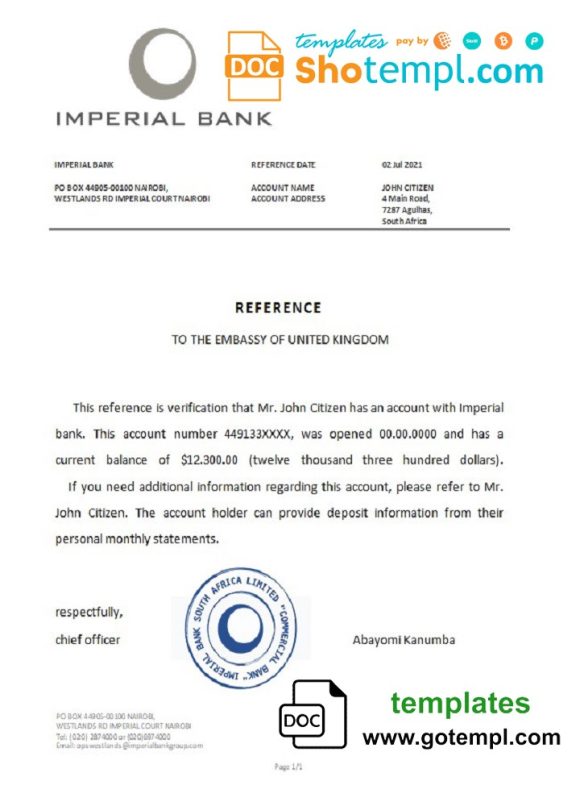 editable template, South Africa Imperial Bank bank reference letter template in Word and PDF format