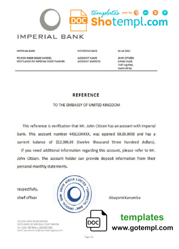 editable template, South Africa Imperial Bank bank reference letter template in Word and PDF format