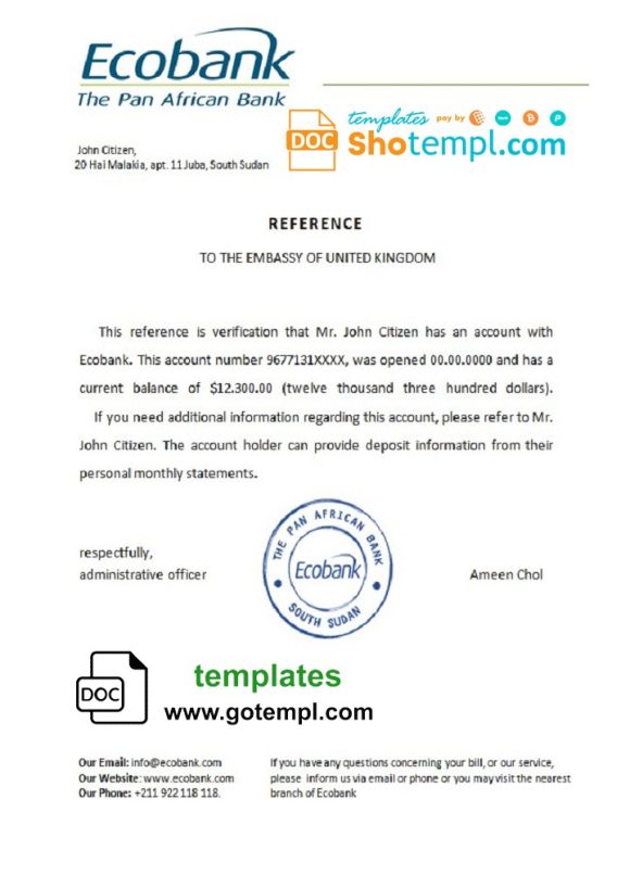 editable template, South Sudan Ecobank bank reference letter template in Word and PDF format