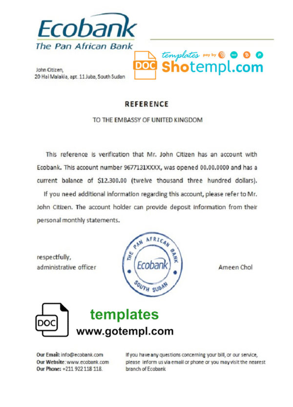 editable template, South Sudan Ecobank bank reference letter template in Word and PDF format