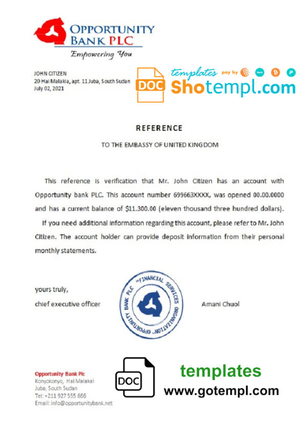 editable template, South Sudan Opportunity Bank bank reference letter template in Word and PDF format
