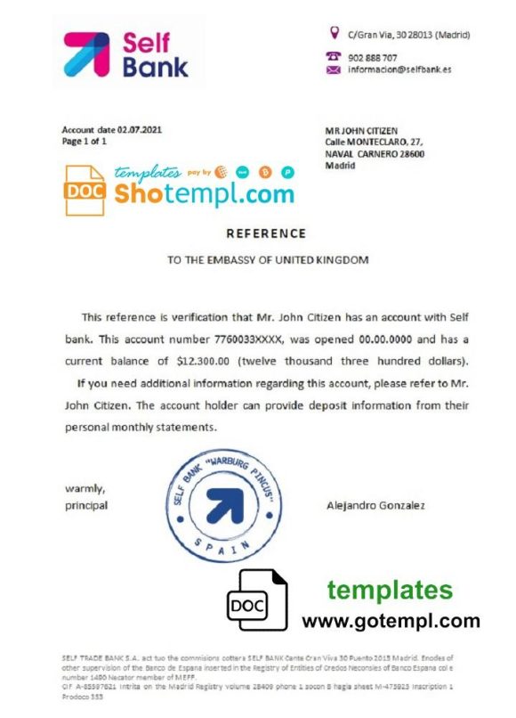 editable template, Spain Self Bank bank reference letter template in Word and PDF format
