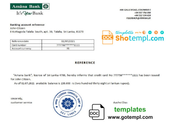 editable template, Sri Lanka Amana Bank bank reference letter template in Word and PDF format