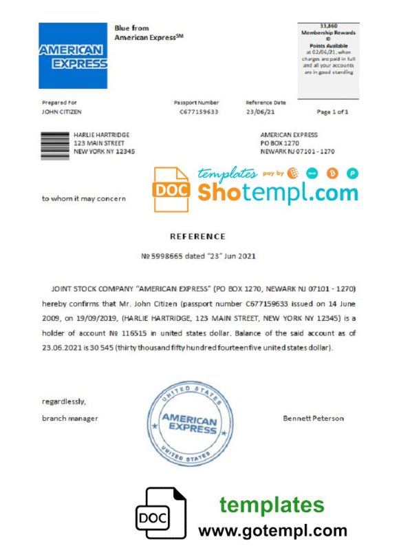 editable template, USA American Express bank account balance reference letter template in Word and PDF format