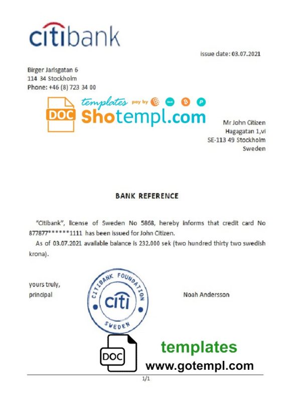editable template, Sweden Citibank bank reference letter template in Word and PDF format