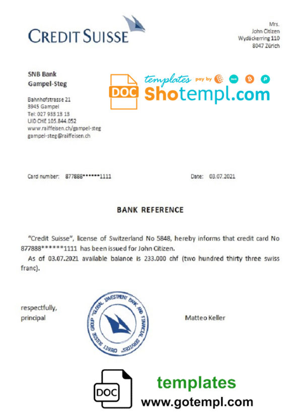 editable template, Switzerland Credit Suisse bank reference letter template in Word and PDF format