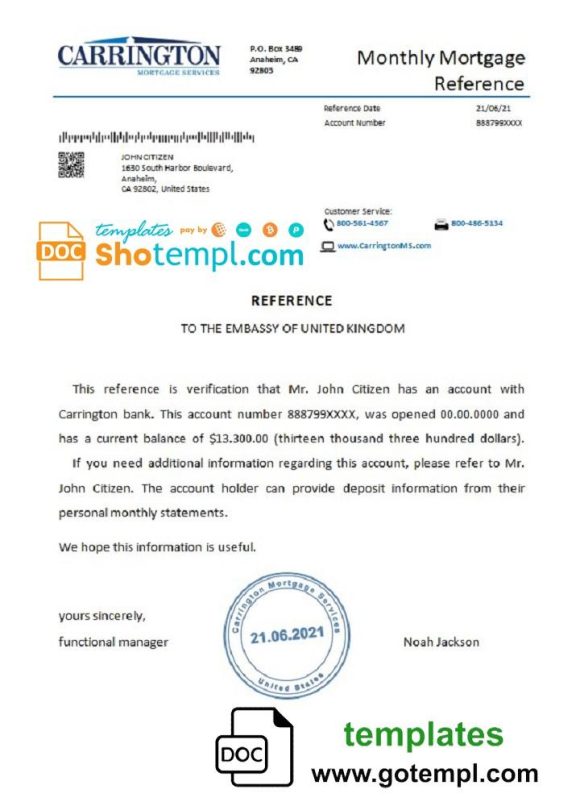 editable template, USA Carrington bank account reference letter template in Word and PDF format