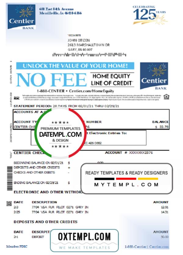 editable template, USA Indiana Centier bank statement template in Excel and PDF format