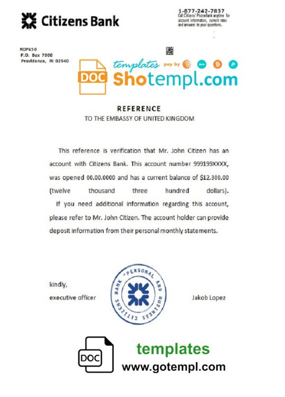 editable template, USA Citizens Bank bank account reference letter template in Word and PDF format