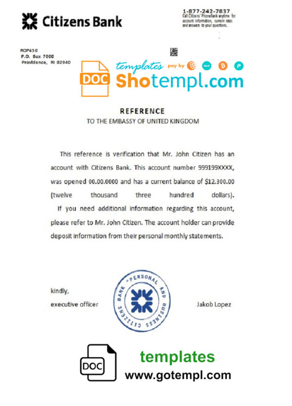 editable template, USA Citizens Bank bank account reference letter template in Word and PDF format