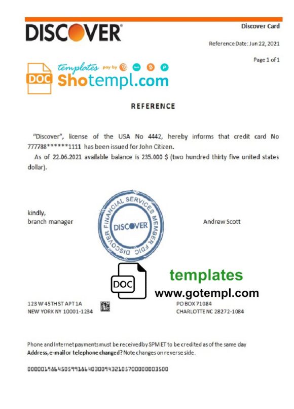 editable template, USA Discover bank account reference letter template in Word and PDF format