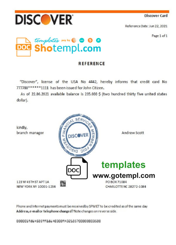 editable template, USA Discover bank account reference letter template in Word and PDF format