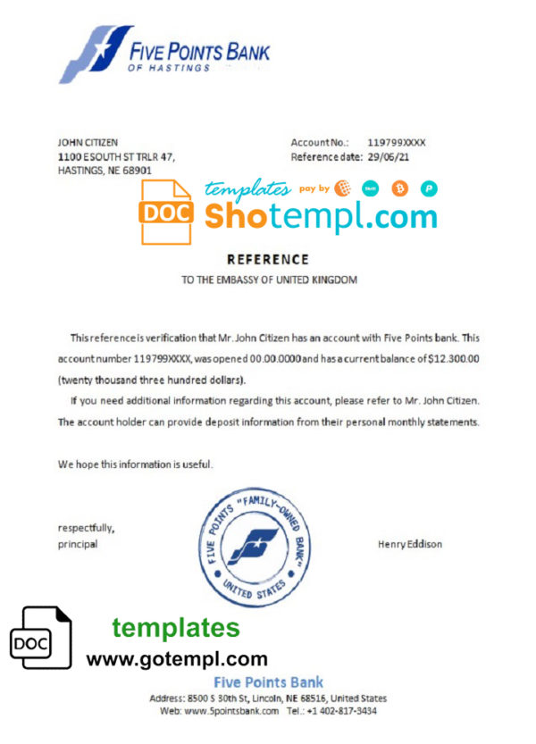 editable template, USA Five Points Bank bank account reference letter template in Word and PDF format