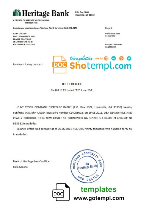editable template, USA Heritage Bank bank account reference letter template in Word and PDF format