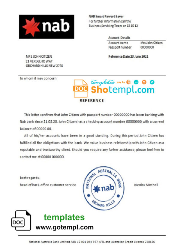 editable template, USA Nab bank account reference letter template in Word and PDF format