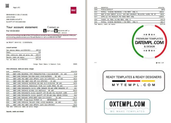 editable template, USA North Carolina BB&T Corp. bank statement template in Excel and PDF format (2 pages)