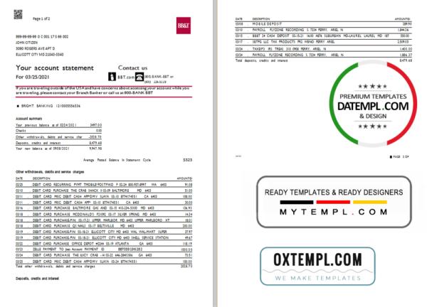 editable template, USA North Carolina BB&T Corp. bank statement template in Excel and PDF format (2 pages)