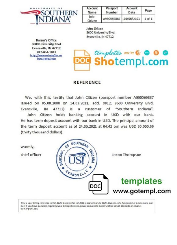 editable template, USA Southern Indiana bank account reference letter template in Word and PDF format