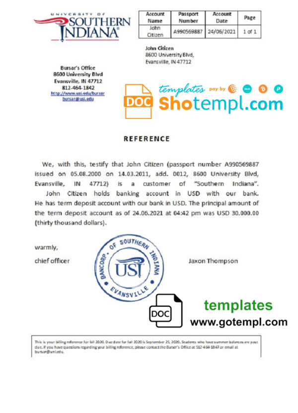 editable template, USA Southern Indiana bank account reference letter template in Word and PDF format