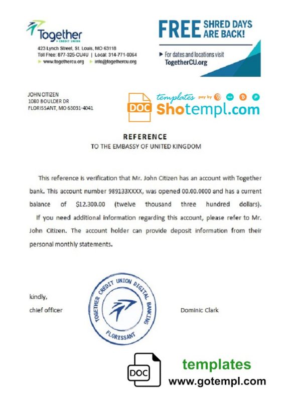 editable template, USA Together bank account balance reference letter template in Word and PDF format