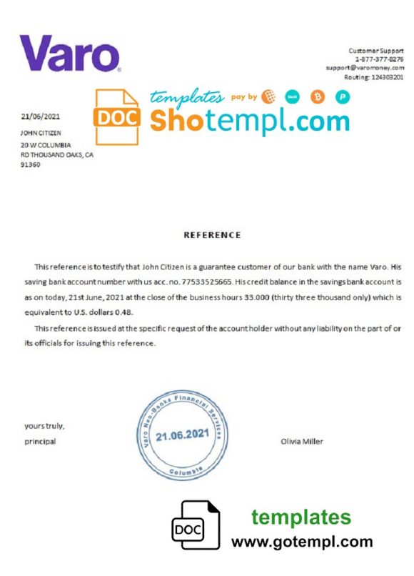editable template, USA Varo bank account reference letter template in Word and PDF format
