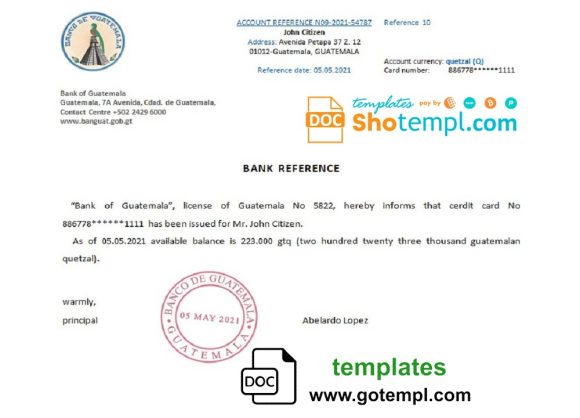editable template, Guatemala Bank of Guatemala bank account reference letter template in Word and PDF format