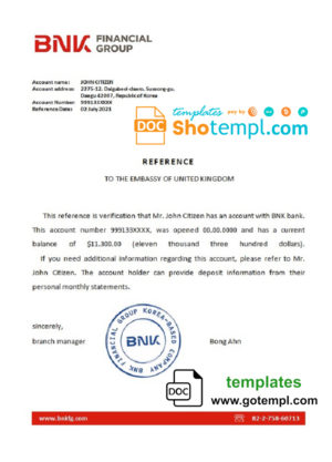 Korea BNK bank account reference letter template in Word and PDF format