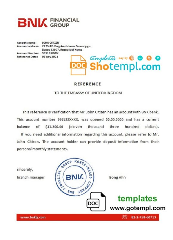editable template, Korea BNK bank account reference letter template in Word and PDF format