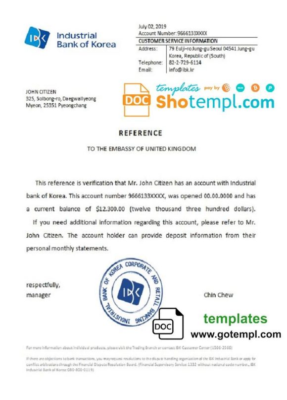 editable template, Korea Industrial Bank of Korea bank account reference letter template in Word and PDF format
