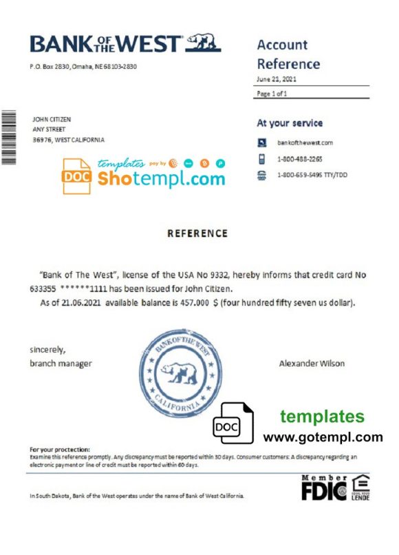 editable template, USA Bank of the West bank account reference letter template in Word and PDF format