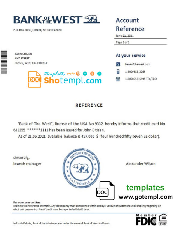 editable template, USA Bank of the West bank account reference letter template in Word and PDF format