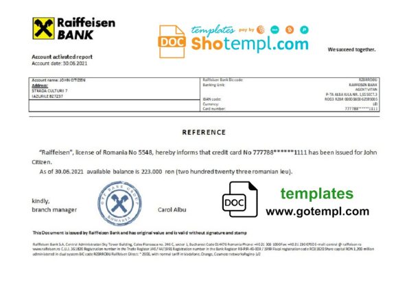 editable template, Romania Raiffeisen bank account reference letter template in Word and PDF format