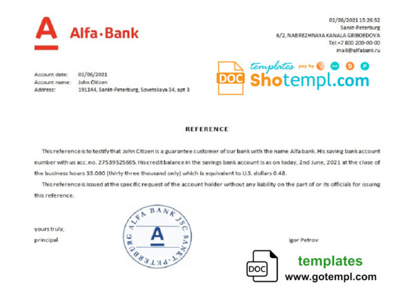 editable template, Russia Alfa Bank bank reference letter template in Word and PDF format