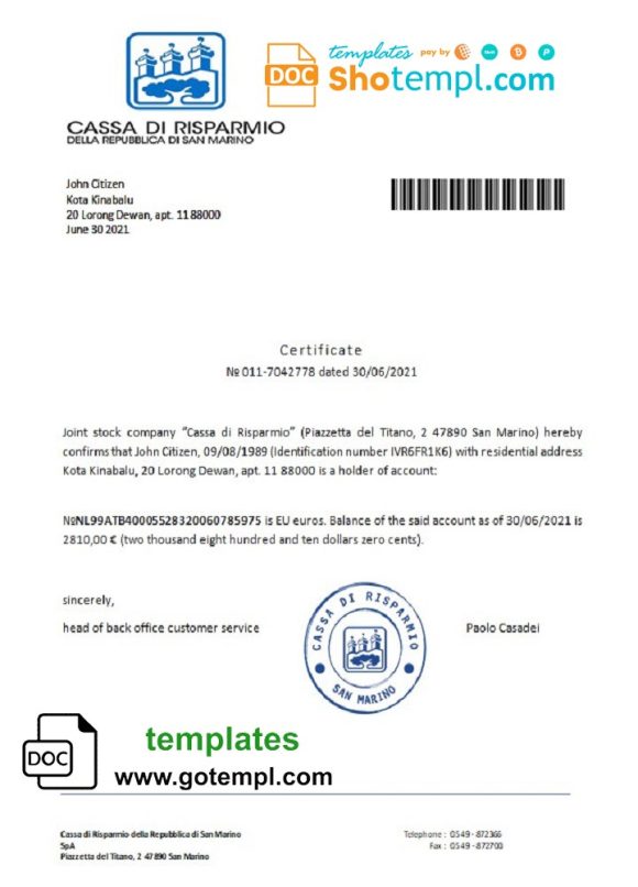 editable template, San Marino Cassa di Risparmio bank reference letter template in Word and PDF format