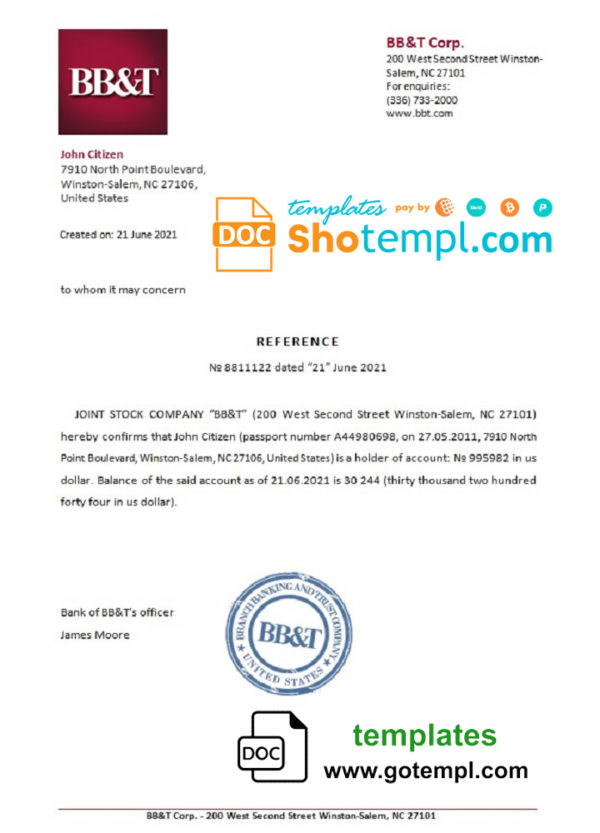 editable template, USA BB&T bank account reference letter template in Word and PDF format