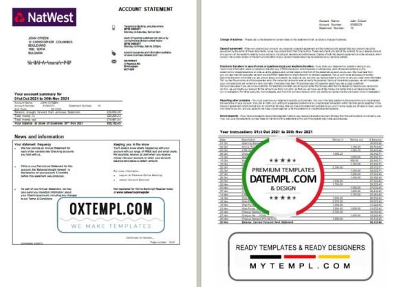editable template, United Kingdom NatWest bank account statement template in Excel and PDF format, 2 pages